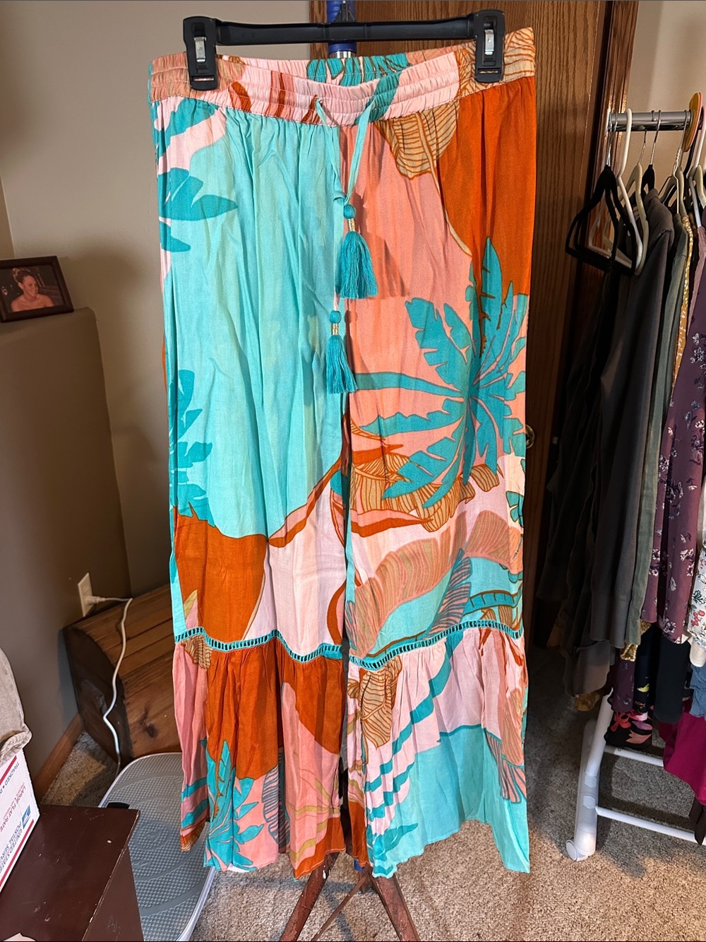 Tropical Print Wide-Leg Tassel Pants — Coral, Teal & Pink